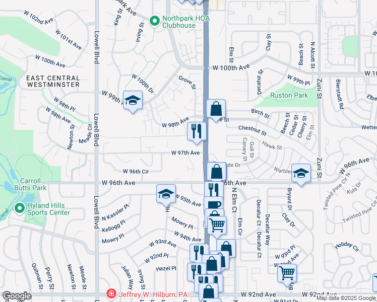 map of restaurants, bars, coffee shops, grocery stores, and more near 3115-3169 West 97th Avenue in Westminster