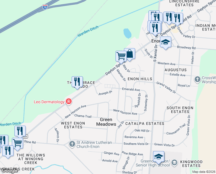 map of restaurants, bars, coffee shops, grocery stores, and more near 7040 Emerald Avenue in Enon