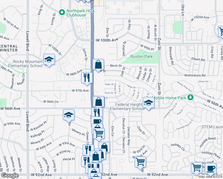 map of restaurants, bars, coffee shops, grocery stores, and more near 2920 Falcon Street in Denver