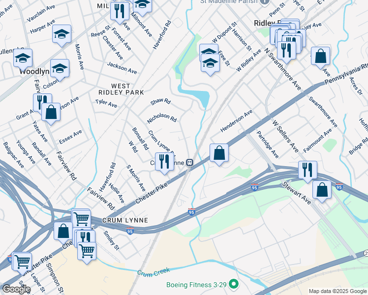 map of restaurants, bars, coffee shops, grocery stores, and more near 311 West Ridley Avenue in Ridley Park