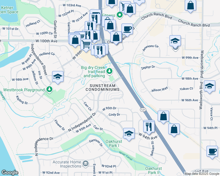 map of restaurants, bars, coffee shops, grocery stores, and more near 9669 Brentwood Way in Broomfield