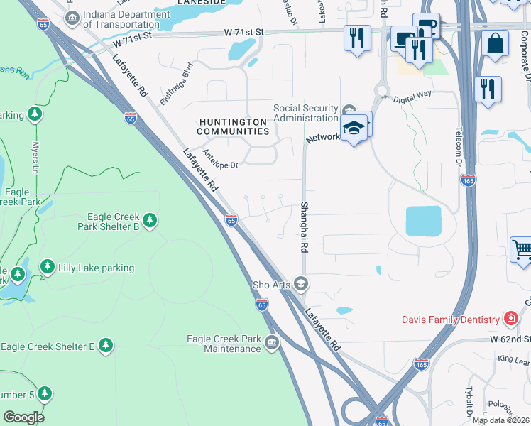 map of restaurants, bars, coffee shops, grocery stores, and more near 6449 Hunters Green Place in Indianapolis