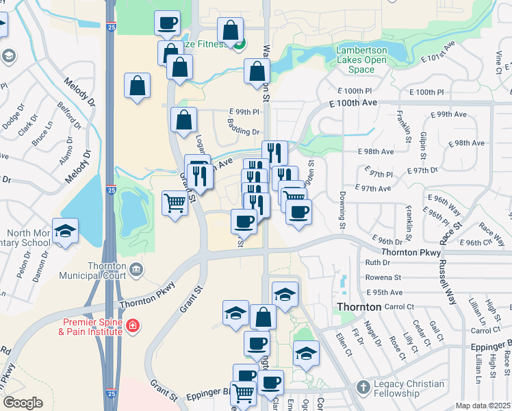map of restaurants, bars, coffee shops, grocery stores, and more near 9703 Washington Street in Thornton