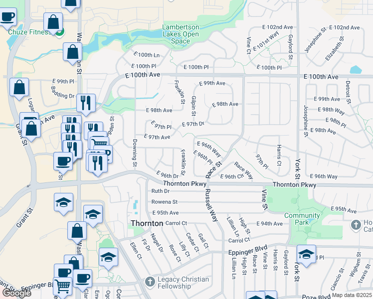 map of restaurants, bars, coffee shops, grocery stores, and more near 9696 Franklin Street in Thornton