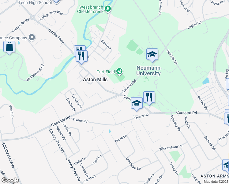 map of restaurants, bars, coffee shops, grocery stores, and more near 4110 Aston Mills Road in Aston
