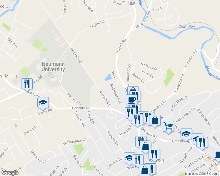map of restaurants, bars, coffee shops, grocery stores, and more near 225 Park Drive in Media