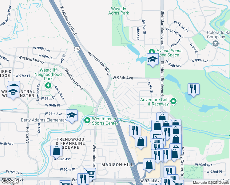 map of restaurants, bars, coffee shops, grocery stores, and more near 9711 Eaton Street in Westminster