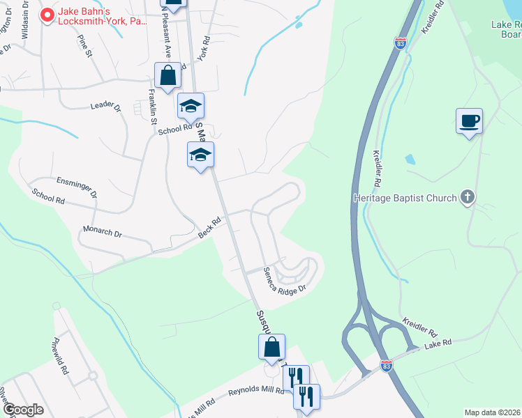 map of restaurants, bars, coffee shops, grocery stores, and more near 116 Seminole Drive in York