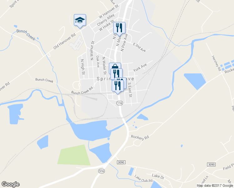 map of restaurants, bars, coffee shops, grocery stores, and more near 104 South Main Street in Spring Grove