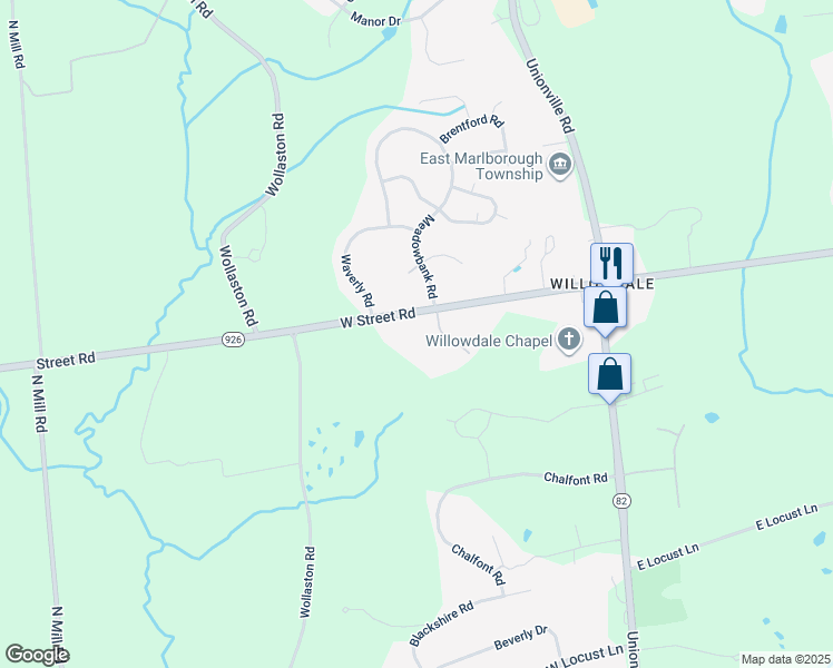 map of restaurants, bars, coffee shops, grocery stores, and more near 103 West Clay Creek Lane in Kennett Square