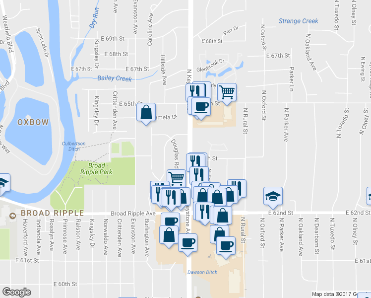 map of restaurants, bars, coffee shops, grocery stores, and more near 6332 N Keystone Ave in Indianapolis