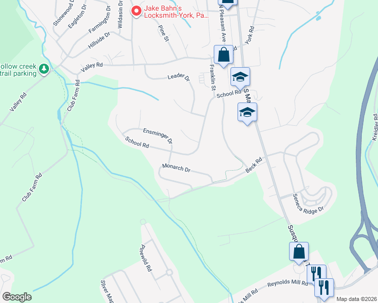 map of restaurants, bars, coffee shops, grocery stores, and more near 442 School Road in York