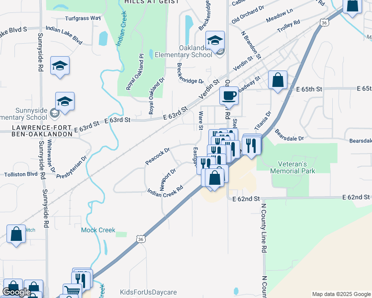 map of restaurants, bars, coffee shops, grocery stores, and more near 11647 Peacock Drive in Indianapolis
