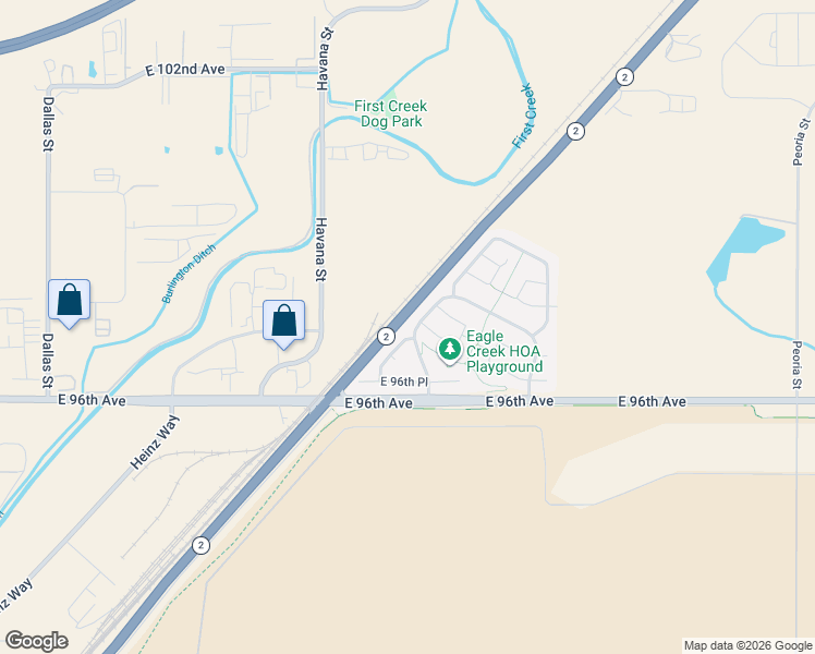 map of restaurants, bars, coffee shops, grocery stores, and more near 9725 Eagle Creek Parkway in Commerce City