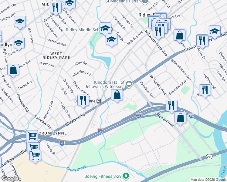 map of restaurants, bars, coffee shops, grocery stores, and more near 229 West Chester Pike in Ridley Park