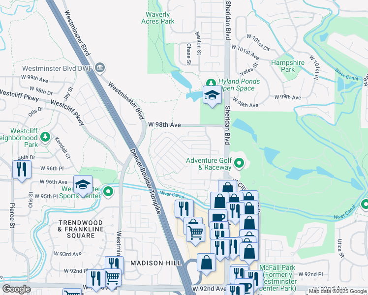 map of restaurants, bars, coffee shops, grocery stores, and more near 5553 West 97th Avenue in Broomfield