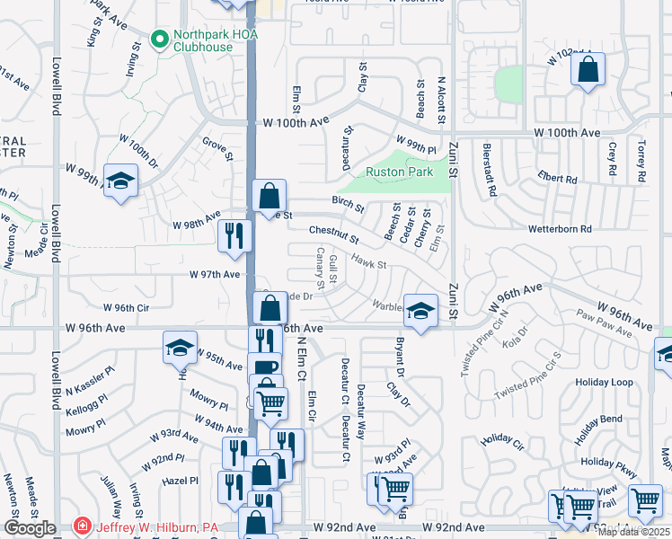 map of restaurants, bars, coffee shops, grocery stores, and more near 9640 Gull Street in Denver