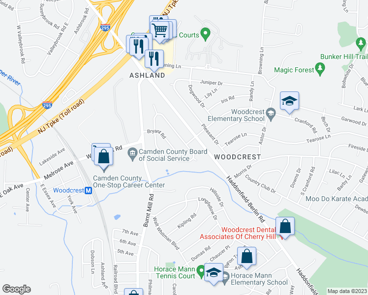 map of restaurants, bars, coffee shops, grocery stores, and more near 1601 Bowling Green Drive North in Cherry Hill