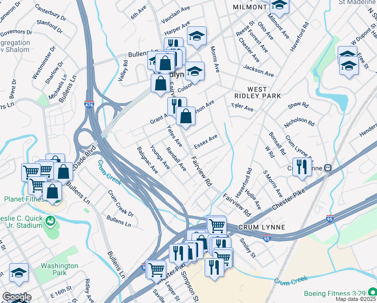 map of restaurants, bars, coffee shops, grocery stores, and more near 155 Fairview Road in Woodlyn