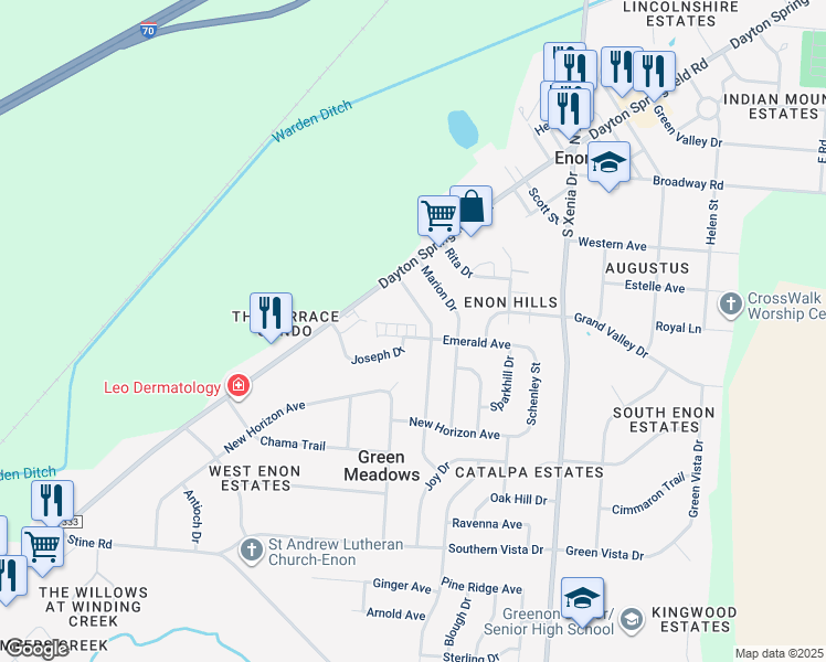 map of restaurants, bars, coffee shops, grocery stores, and more near 6822 Emerald Avenue in Enon