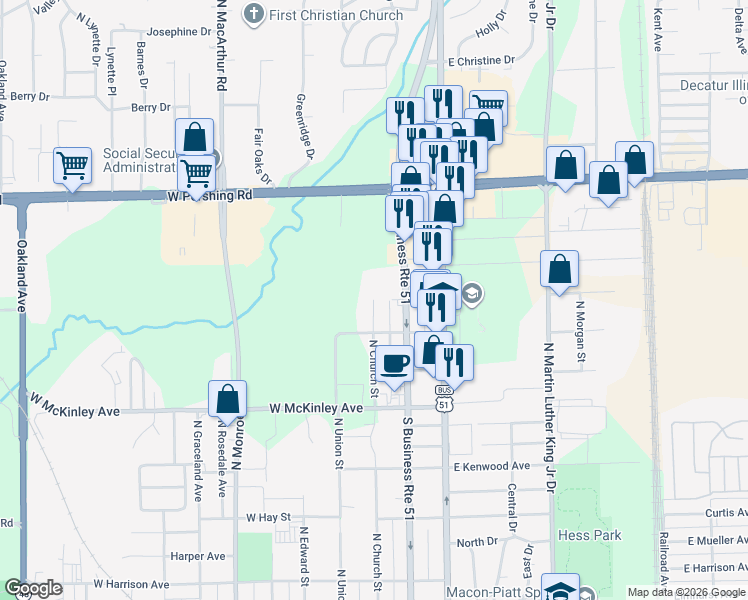 map of restaurants, bars, coffee shops, grocery stores, and more near 2798 North Church Street in Decatur