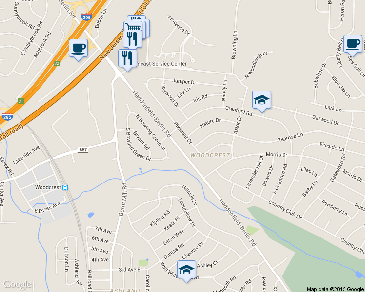 map of restaurants, bars, coffee shops, grocery stores, and more near 1608 Berlin Rd in Cherry Hill