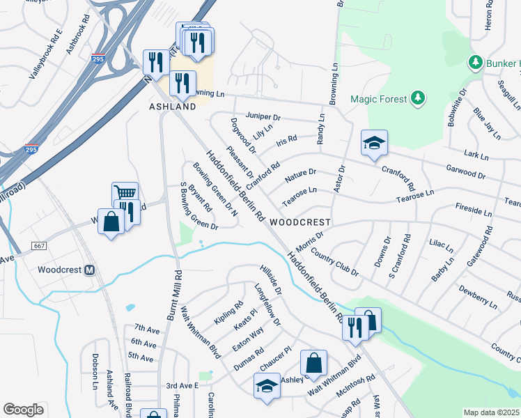 map of restaurants, bars, coffee shops, grocery stores, and more near 1608 Berlin Rd in Cherry Hill