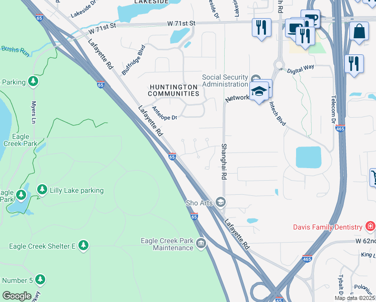 map of restaurants, bars, coffee shops, grocery stores, and more near 6810 Hunters Green Way in Indianapolis