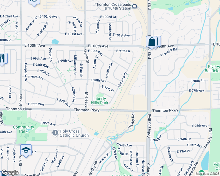 map of restaurants, bars, coffee shops, grocery stores, and more near 3545 East 97th Place in Thornton
