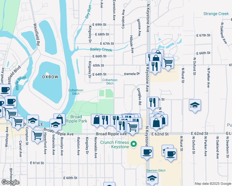map of restaurants, bars, coffee shops, grocery stores, and more near 6333 Evanston Avenue in Indianapolis