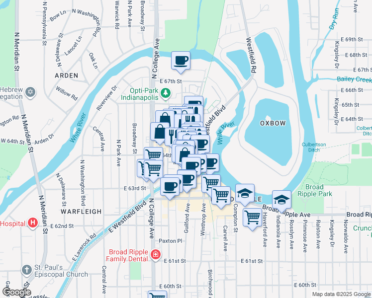 map of restaurants, bars, coffee shops, grocery stores, and more near in Indianapolis