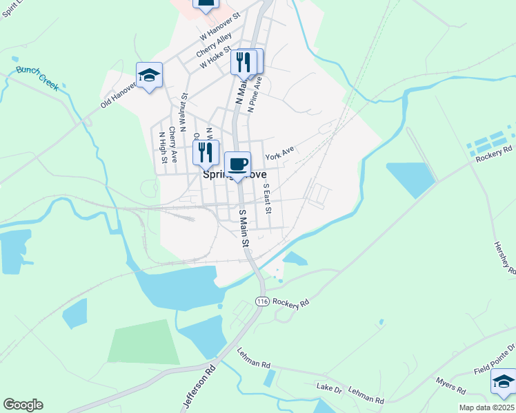 map of restaurants, bars, coffee shops, grocery stores, and more near 56 East Railroad Street in Spring Grove