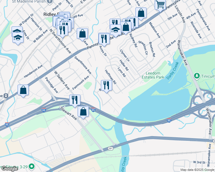 map of restaurants, bars, coffee shops, grocery stores, and more near 203 Stoney Hill Road in Ridley Park