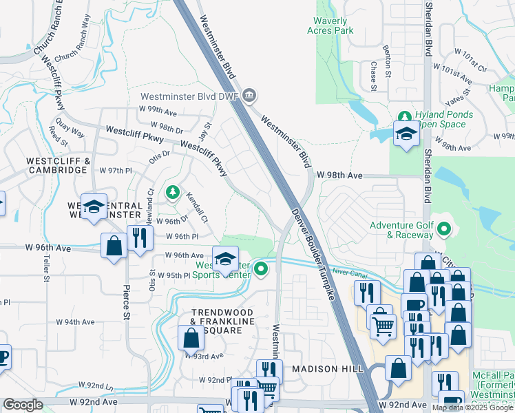 map of restaurants, bars, coffee shops, grocery stores, and more near 9870 Westcliff Parkway in Broomfield