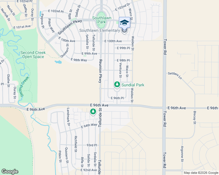map of restaurants, bars, coffee shops, grocery stores, and more near 9702 Truckee Street in Commerce City