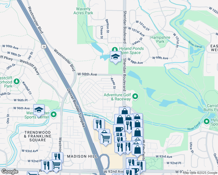 map of restaurants, bars, coffee shops, grocery stores, and more near 5356 West 97th Court in Broomfield