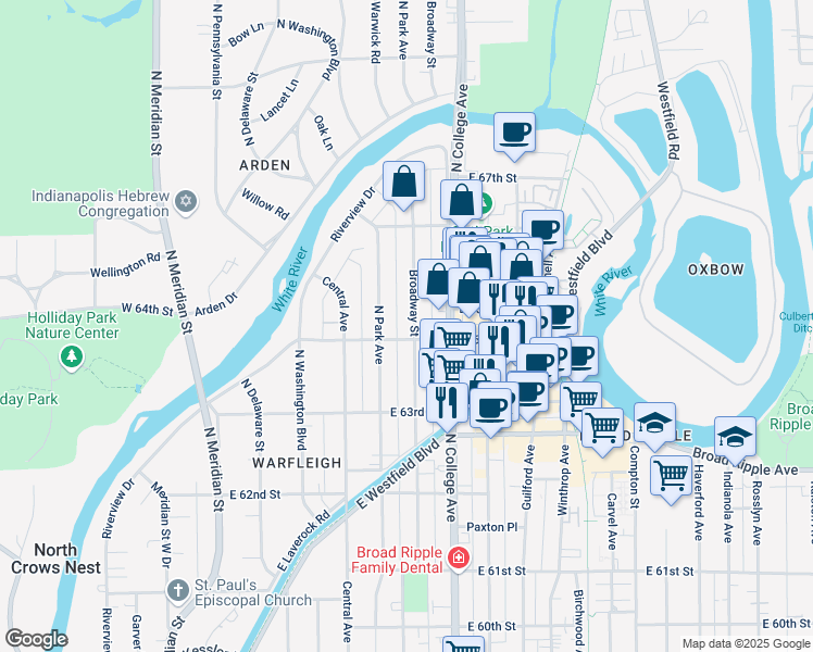 map of restaurants, bars, coffee shops, grocery stores, and more near 6412 Broadway Street in Indianapolis