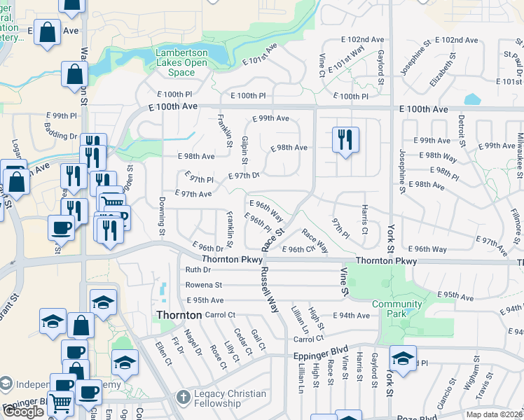 map of restaurants, bars, coffee shops, grocery stores, and more near 1678 E 96th Way in Thornton