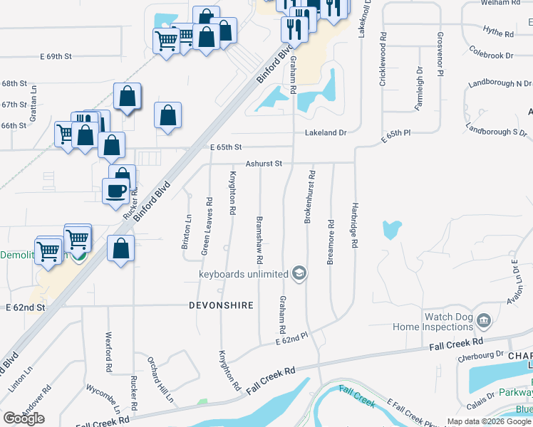 map of restaurants, bars, coffee shops, grocery stores, and more near 6407 Bramshaw Road in Indianapolis