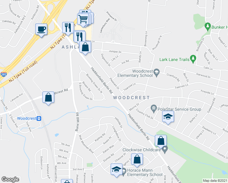 map of restaurants, bars, coffee shops, grocery stores, and more near 1607 Haddonfield-Berlin Road in Cherry Hill