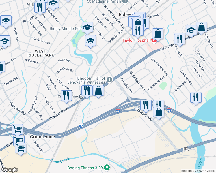 map of restaurants, bars, coffee shops, grocery stores, and more near 216 West Chester Pike in Ridley Park