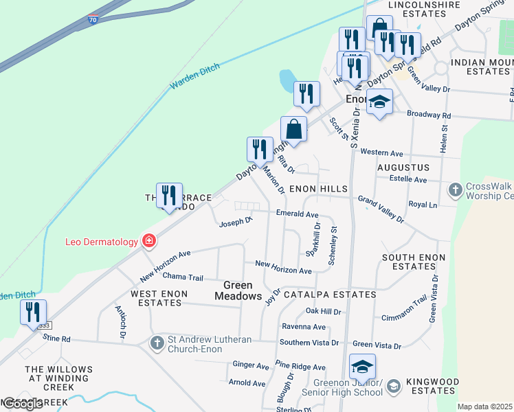 map of restaurants, bars, coffee shops, grocery stores, and more near 6822 Emerald Avenue in Enon
