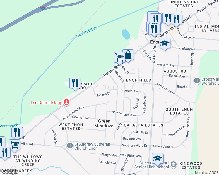 map of restaurants, bars, coffee shops, grocery stores, and more near 6822 Emerald Avenue in Enon
