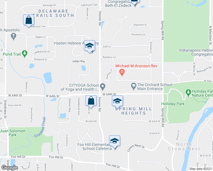 map of restaurants, bars, coffee shops, grocery stores, and more near 6440 Kennedy Lane in Indianapolis