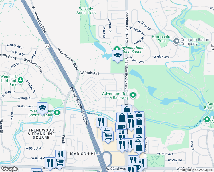 map of restaurants, bars, coffee shops, grocery stores, and more near 5446 West 97th Court in Broomfield