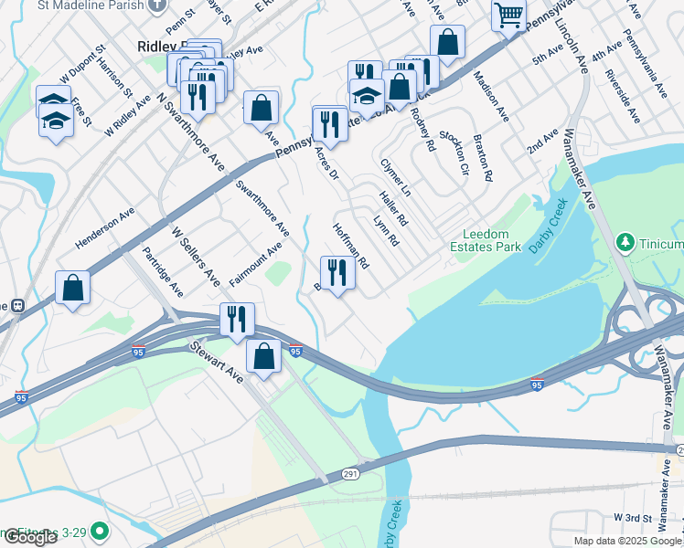 map of restaurants, bars, coffee shops, grocery stores, and more near 203 Stoney Hill Road in Ridley Park