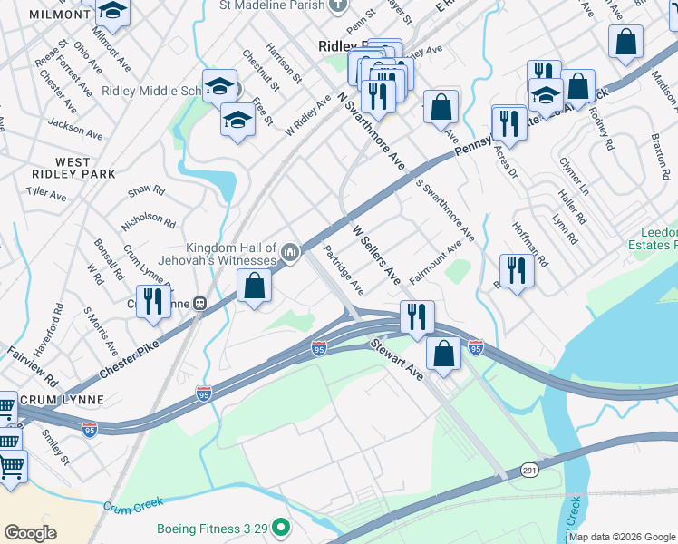 map of restaurants, bars, coffee shops, grocery stores, and more near 23 Partridge Avenue in Ridley Park