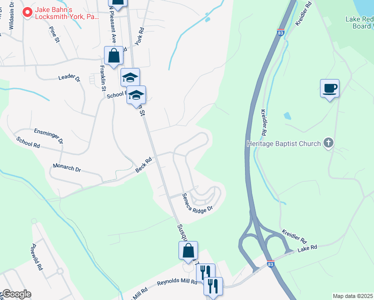 map of restaurants, bars, coffee shops, grocery stores, and more near 7557 Seneca Ridge Drive in York