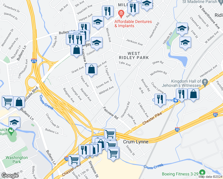 map of restaurants, bars, coffee shops, grocery stores, and more near 1212 Mildred Avenue in Woodlyn
