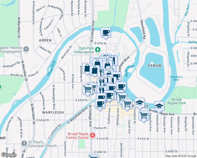 map of restaurants, bars, coffee shops, grocery stores, and more near 6412 Carrollton Avenue in Indianapolis